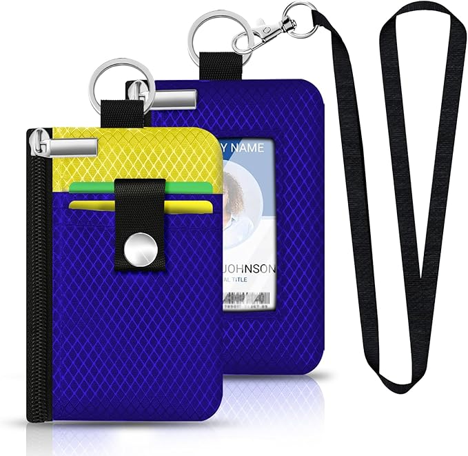 Minimalist RFID Blocking Small Wallet with ID Window,WaterResistant Zip Id Case Wallet with Lanyard Keychain for Cards,Cash,Travel,Women,Men (Sapphire Blue/Lemon Yellow)