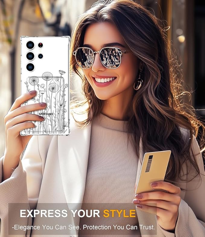 Compatible with Samsung Galaxy S24 Ultra Case Card Holder for Women Cute Design,Wallet Phone Cases Transparent Cool Kawaii Protective (Clear Black Flower Bouquet)