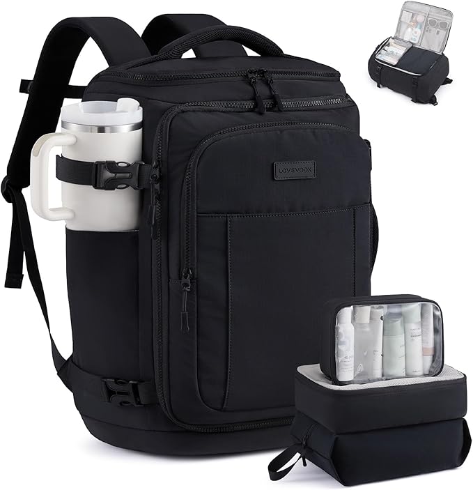 LOVEVOOK Travel Backpack for Women & Men, 50L Large Carry On or Checked Luggage, Waterproof Hiking Backpack with 3 Packing Cubes for 5+ Day Trips, Camping & Backpacking Essentials, Black