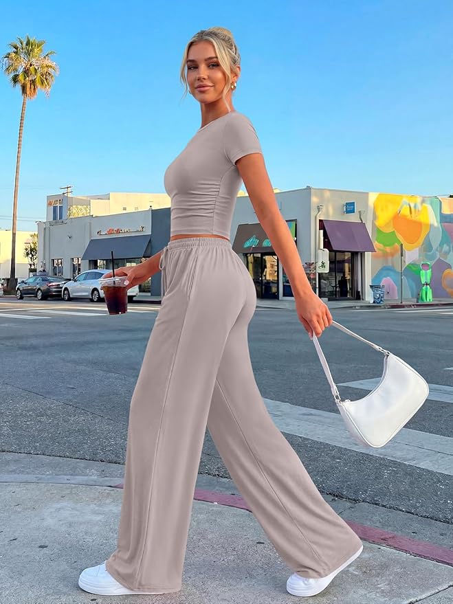 Trendy Queen 2 Piece Matching Summer Lounge Set Womens Side Ruching Top Wide Leg Pants Sets with Pockets