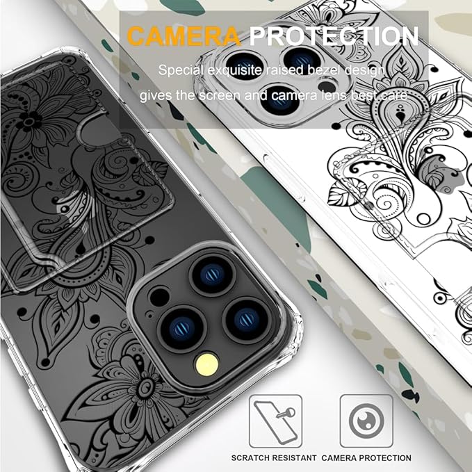 Compatible with iPhone 16 Pro Case Card Holder for Women Cute Design,Wallet Phone Cases Transparent Cool Kawaii Protective (Clear Black Henna Flower)