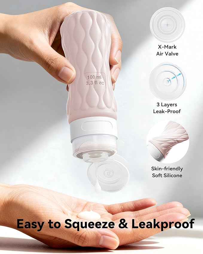 Silicone Travel Bottles for Toiletries 8 Pack Travel Size Toiletries 3.4 oz 1.7 oz, Leakproof Squeeze Travel Size Containers Refillable Cosmetic Jars Set for Shampoo, Conditioner, Creams