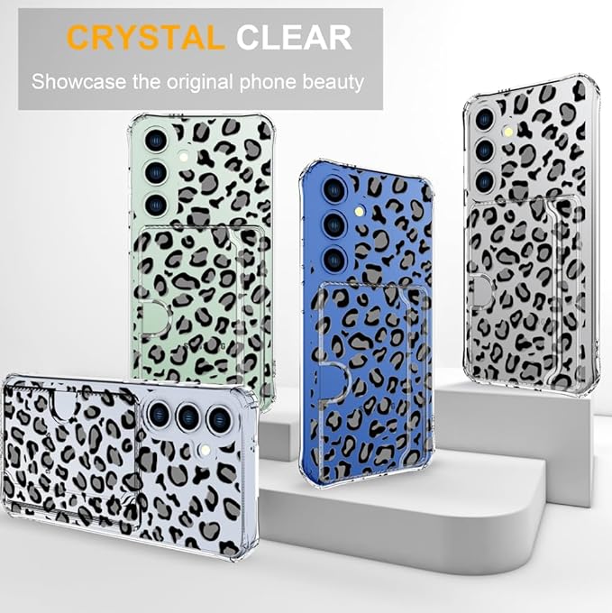 Compatible with Samsung Galaxy S24+ Plus / S25+ Plus Case Card Holder for Women Cute Design,Wallet Phone Cases Transparent Cool Kawaii Protective (Clear Leopard Cheetah Design)