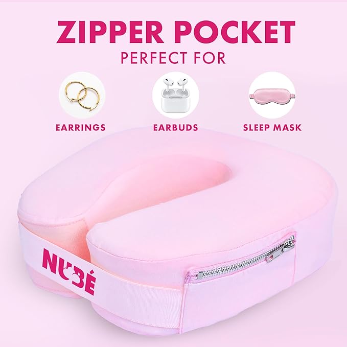 Travel Neck Pillow – Ultra Lightweight & Comfortable Memory Foam with Zipper Storage for Airplane, Car & Home Travel Accessory for Head & Neck with Cooling, Breathable & Washable Fabric – Pink