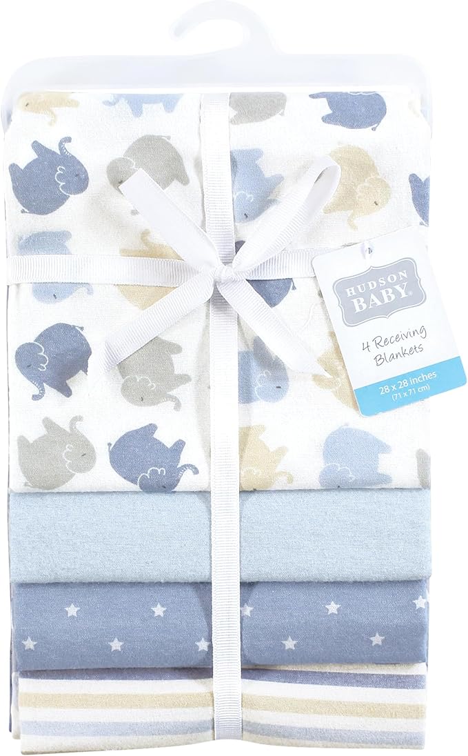 Hudson Baby Unisex Baby Cotton Flannel Receiving Blankets 4-Pack, Multi Color Boy Elephant, One Size