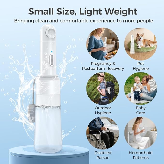 Portable Electric Travel Bidet, Rechargeable Handheld Bidet Sprayer with 2 Spray Modes, 350ML High Capacity, IPX7 Waterproof Personal Bidet for Women, Men, Baby