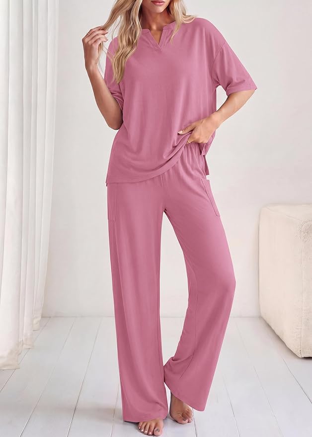 KIRUNDO Womens 2 Piece Matching Lounge Set Airport Travel Vacation Summer Outfits Oversized Short Sleeve Tops Wide Leg Pants