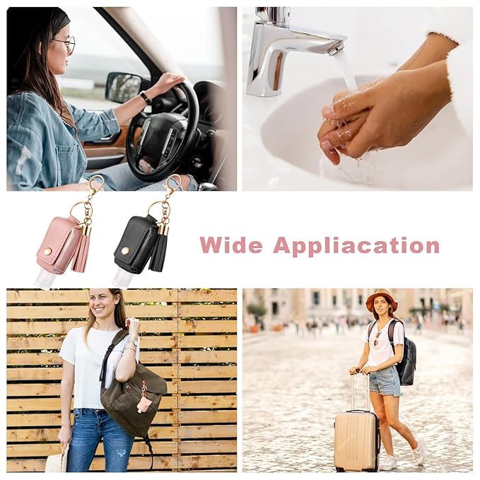 2Pcs Portable Leather Hand Sanitizer Holder, Travel Size Keychain Case Refillable Bottle for Toiletry Lotion Liquid Soap Shampoo (Black, Pink)
