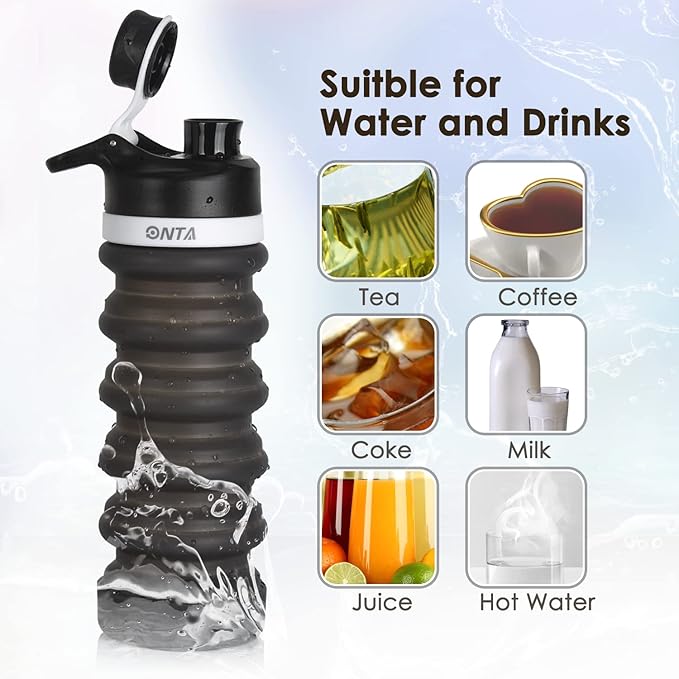 ONTA Collapsible BPA Free Silicone Water Bottle, 20oz - Portable, Leakproof, Easy Clean, Shatter Resistant, Travel Friendly