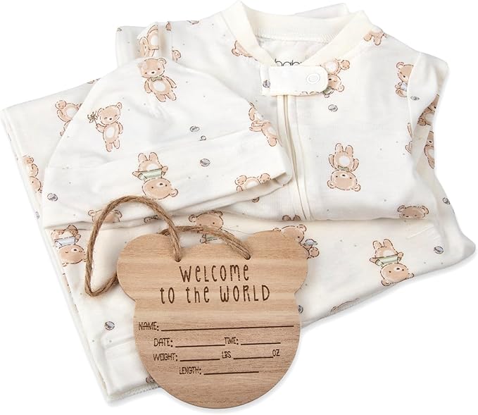 Newborn Baby 4 Piece Coming Home Outfit Gift Set – Footie Sleeper, Blanket, Headband & Ornament for Boys & Girls
