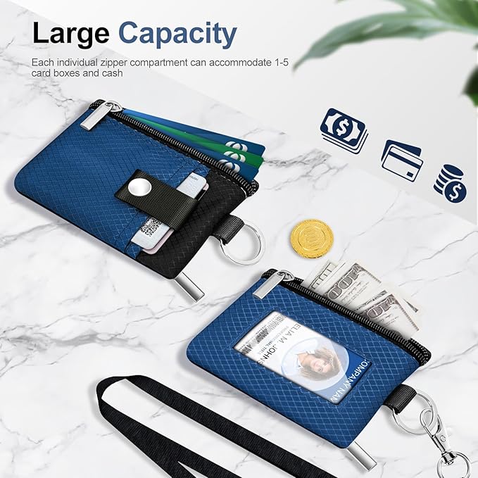 Minimalist RFID Blocking Small Wallet with ID Window,WaterResistant Zip Id Case Wallet with Lanyard Keychain for Cards,Cash,Travel,Women,Men (Electric Blue/Black)