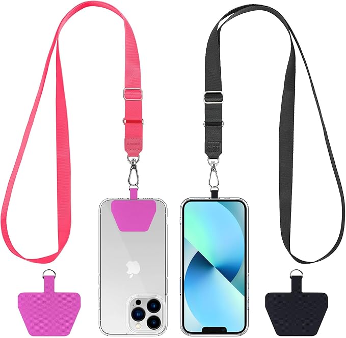 CACOE Phone Lanyard 2 Pcs Adjustable Neck Strap,4 Pcs Patches,Universal Crossbody Multifuctional Patch Cell Phone Lanyards Compatible with Most Smartphones(Black+Rose Red)