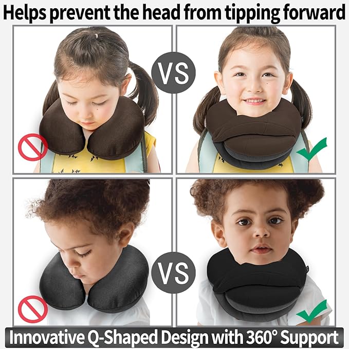BUYUE Kids Travel Pillows for Airplane, 360° Head Support Sleeping Essentials for Boys Long Flight, Skin-Friendly Soft Neck Pillow for Traveling in Car Seat, (Small, Brown Grey, 40-90 lbs)