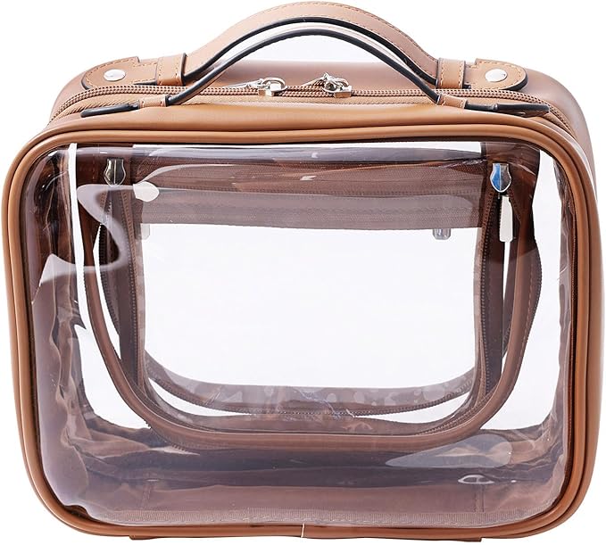 SANHECUN traveling toiletry case clear cosmetics case makeup bag Dimensions | LxWxH:10” x 4.5” x 7.5”(Brown, Medium)