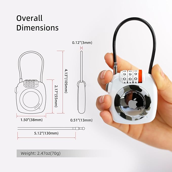 AirTag Holder for Luggage Lock, Compatible with Apple Air Tag Holder, Combination Lock AirTag Cases for Suitcase, Backpack, Locker, Kids Travel Essentials, Cable Locking GPS Tracker Case