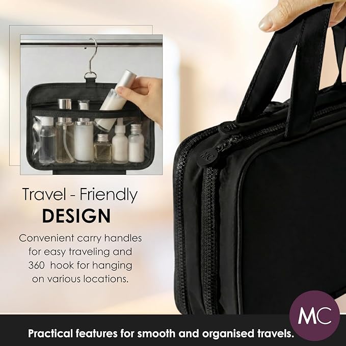 Travel Toiletry Bag for Men & Women, Large Capacity Makeup Organizer & Cosmetic Bag, Water-Resistant Portable Essentials Case with Metal Hook & Carry Handle - Perfect for Travel Use (Black, Large)