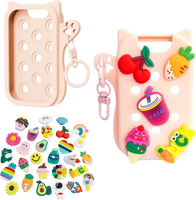 Hand Sanitizer Case with 30 Charms and 1 Keychain for Touchland, Compatible with Power Mist 1 FL Oz/30ML, Croc-Style Touchland Holder (Pink Case Food Charms)