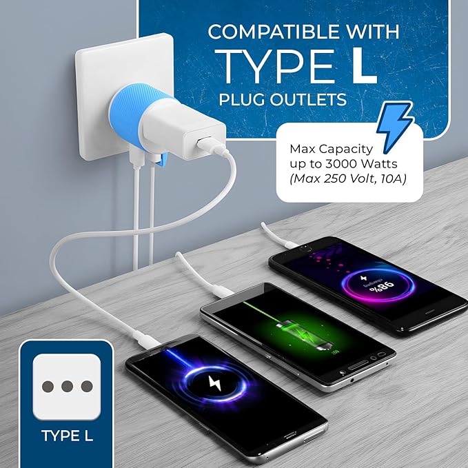 OREI Italy, Uruguay Travel Plug Adapter with Dual USB - Type L (U2U-12A), Will Work with Cell Phones, Camera, Laptop, Tablets, iPad, iPhone and More, Blue