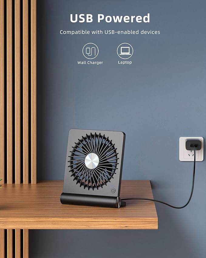 Koonie USB Fan, Strong Wind Ultra Quiet Small Desk Fan 220° Tilt Folding 3 Speeds Adjustable USB-C Powered Personal Fan for Home Office Desktop Black, NO BATTERY