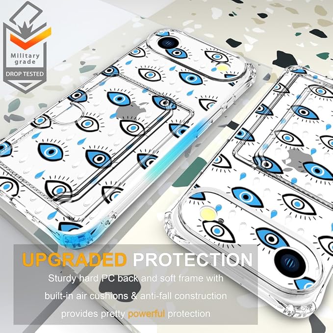 Compatible with iPhone 17 Air Case Card Holder for Women Cute Design,Wallet Phone Cases Transparent Cool Kawaii Protective (Clear Blue Evil Eyes)