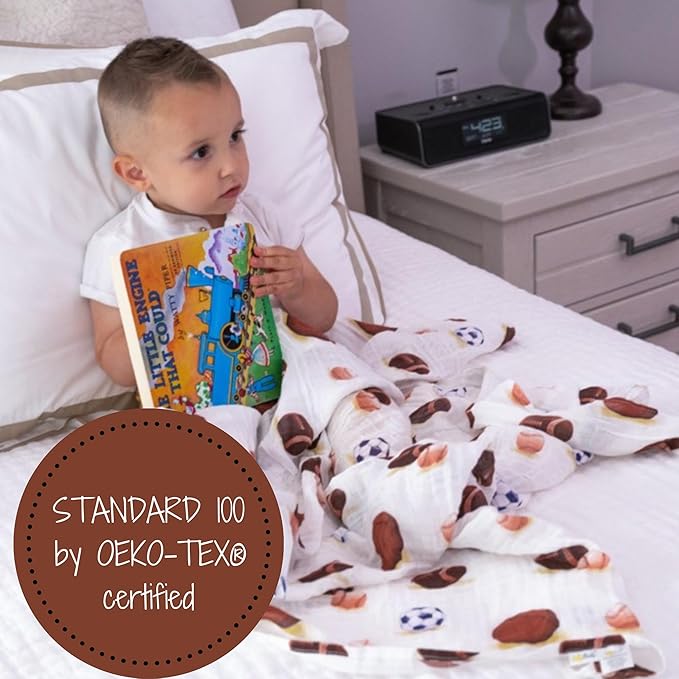 LollyBanks Muslin Swaddle Blanket, 100% Muslin Cotton Soft Baby Blankets for Boys, 47 X 47 Inches Soft and Cozy Baby Wrap Swaddle Breathable Infant Blankets, Newborn Essentials (Sports Print)