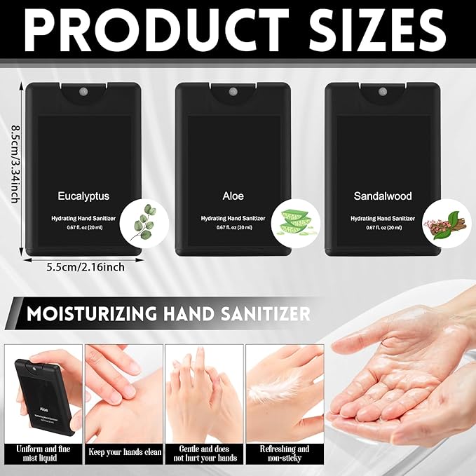 Set of 3 Power Mist Hydrating Hand Sanitizer Spray Bulk Travel Size Quick-drying Hand Sanitizer 0.67 Fl. oz Compact Card Spray Bottle Eucalyptus Sandalwood Aloe Scent for Men Car Compartments