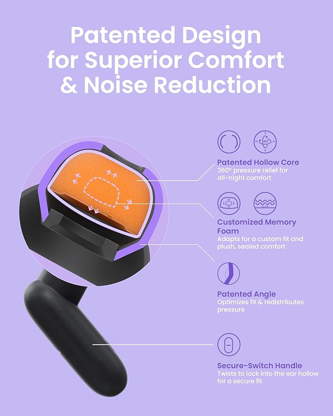 Ear Plugs for Sleeping All-Night Wear without Ear Pain Side Sleeper Patent Qufits Eartips Ultra-Comfy Reusable Earplugs for Sleep, Focus, Study, Travel, 23dB Noise Reduction - Violet