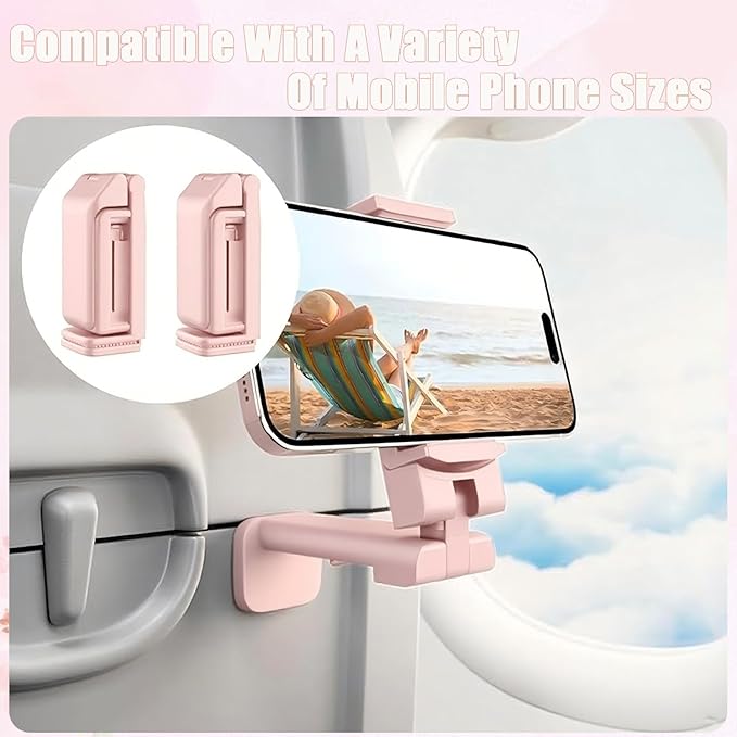 Rookii Travel Must Haves Airplane Phone Holder Mount.Portable Universal Foldable Mount with Multi-Directional Rotation,Perfect for Flight,Cruise,Desk,Hands Free Travel Gift for Content Creator (Pink)