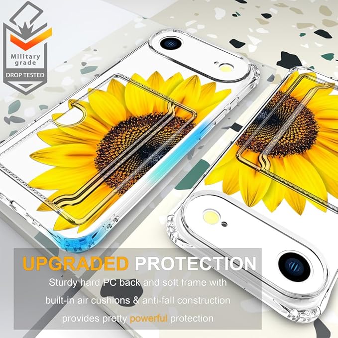 Compatible with iPhone 17 Air Case Card Holder for Women Cute Design,Wallet Phone Cases Transparent Cool Kawaii Protective (Clear Sunflower Sun Flower)