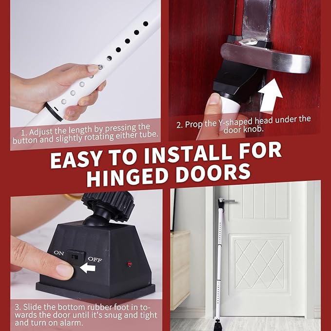 Security Door Stopper with Alarm & Sliding Patio Bar, 120db Loud Alert Adjustable Security Jammer Door Security Bar Window Child Proof Heavy Duty Door Stoppers for Home Apartment Travel - White