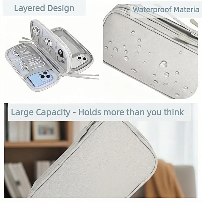 Portable Waterproof Double Layers All-in-One Storage Bag, Travel Cord Organizer，Electronics Accessories Organizer Pouch Bag for Accessories,Charger, USB Cable, Gadget (grey)