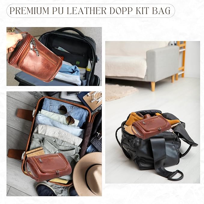 Mens Toiletry Bag,Compact Dopp Kit for Men Travel, PU Leather Shaving Kit, Water-Resistant Minimalist Organizer with Wrist Strap, Travel Toiletry Bag, Gift for Men,Large 10x6.5x4 Mocha Brown