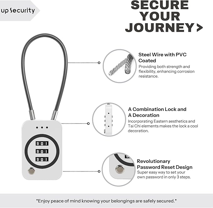 Cable Lock with Combination, Combo Cable Lock with Code, Small Padlock Combination, Combo Padlock for Travel Luggage, Backpack, Bag Zipper, Locker, Tool Box, Bike Basket (Non-Luminous)