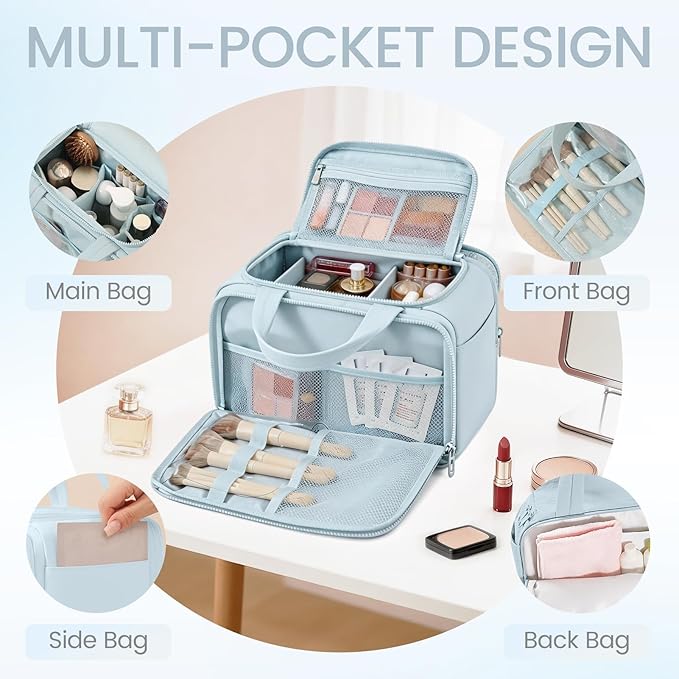 Wide Opening Toiletry Bag for Women,Travel Makeup Bag with Mesh Pocket,Cosmetic Travel Organizer with Wet Dry Separation,Toiletries Bag,Blue