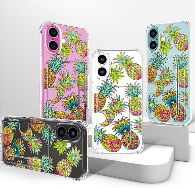 Compatible with iPhone 17 Case Card Holder for Women Cute Design,Wallet Phone Cases Transparent Cool Kawaii Protective (Clear Pineapple Fruit Tropical)