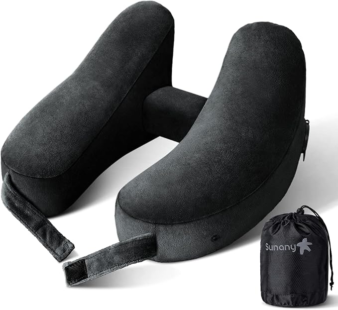 Sunany Travel Neck Pillow for Airplane Pillow Comfortably Supports Head, Neck and Chin, Inflatable Travel Pillow with Soft Velour Cover and Portable Drawstring Bag (Black) (Black, H)