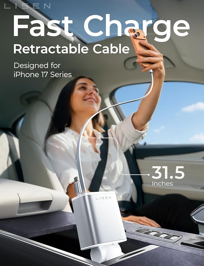 LISEN White Retractable Car Charger, for Gifts for Him Her, for iPhone 17, Cute 4 in 1 Retractable USB C Car Charger for Women, 75W Fast Charging Car Accessories for iPhone & Samsung S26 & Android