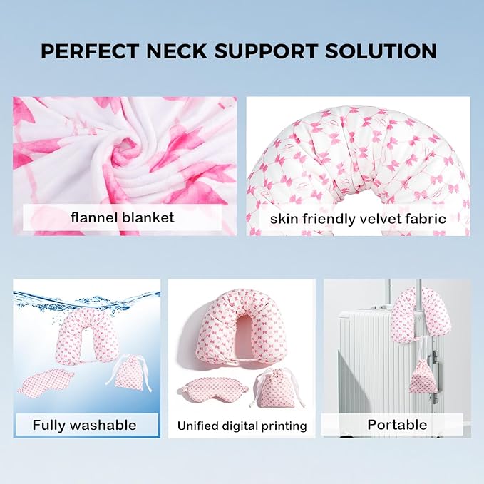 Travel Pillow with Detachable Flannel Blanket & Eye Mask – Plush Velvet Neck Support Pillow for Airplane,Car,Office Rest,Coordinated Digital Print Set (Pink Bow, 50in * 60 in)