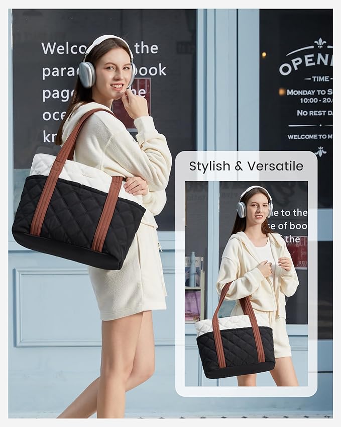 LOVEVOOK Puffer Tote Bag for Women, Puffy Work Handbag with Cup Holder, Travel Carry On Bag with Zipper for Teacher Nurse Gym