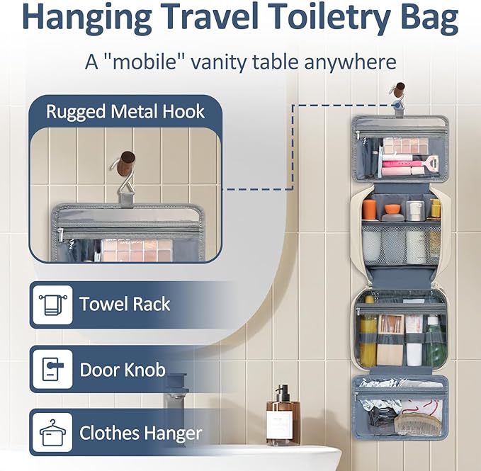 Vankor Travel Toiletry Bag for Women with Hanging Hook, Waterproof TSA Approved Cometic Toiletry Bag Organizers Leakproof Make up Bags for Women Beige