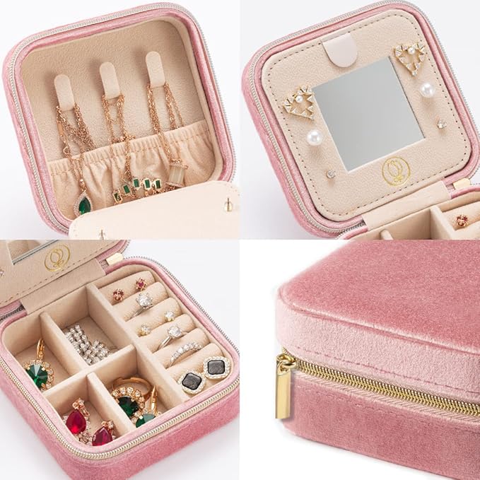 ZPROW Plush Velvet Travel Jewelry Case, Travel Jewelry Organizer, Jewelry Travel Case, Travel Jewelry Box, Small Jewelry Case, Jewelry Travel Box, Earring Organizer with Mirror - Pink 4packs