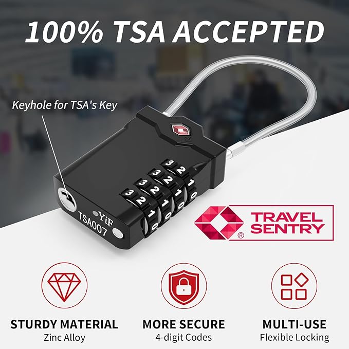 XOOL 2PCS TSA Approved Luggage Locks 4 Digit with Flexible Steel Cable, Resettable Luggage Padlock for Suitcases, Backpacks, Gym Bags & Travel Use