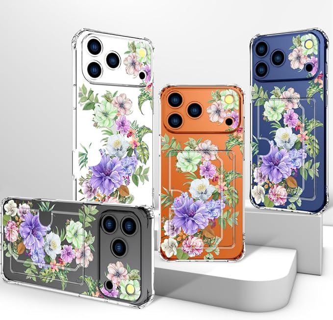 Compatible with iPhone 17 Pro Max Case Card Holder for Women Cute Design,Wallet Phone Cases Transparent Cool Kawaii Protective (Clear Impressive Flowers)