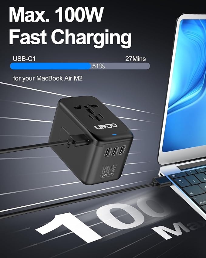 Universal Travel Adapter 100W GaN Fast Charger in One, 5 USB Ports & 2500W AC Outlet, International Power Adapter for Europe UK US 200+ Countries, Compatible for MacBook iPhone iPads Laptop Phone