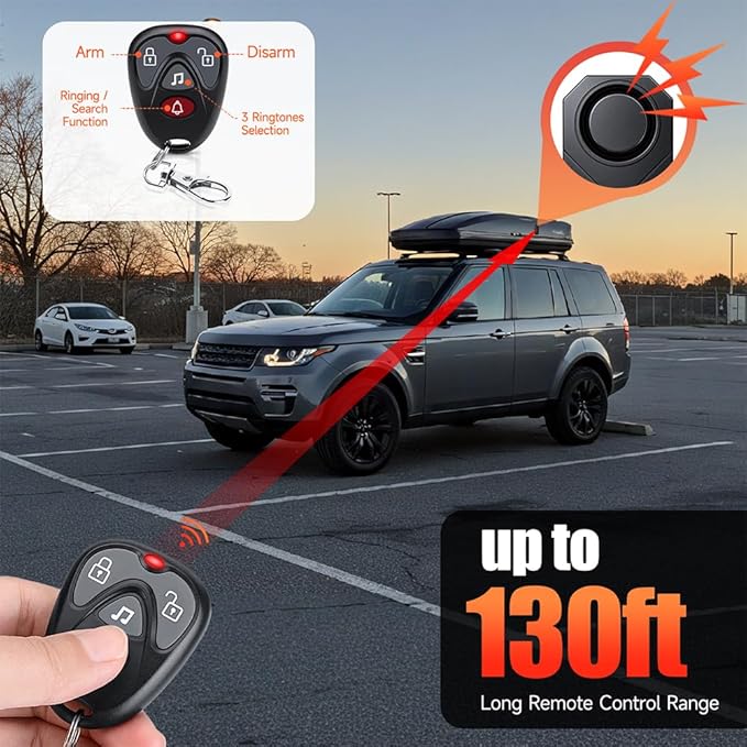 WSDCAM Screw-Mounted Trailer Anti-Theft Alarm - 113dB Loud Vibration Security Car Alarm with 7-Level Sensitivity, IP65 Waterproof, 130ft Remote Control for Truck Tool Box, Rooftop Cargo & Outdoor Gear