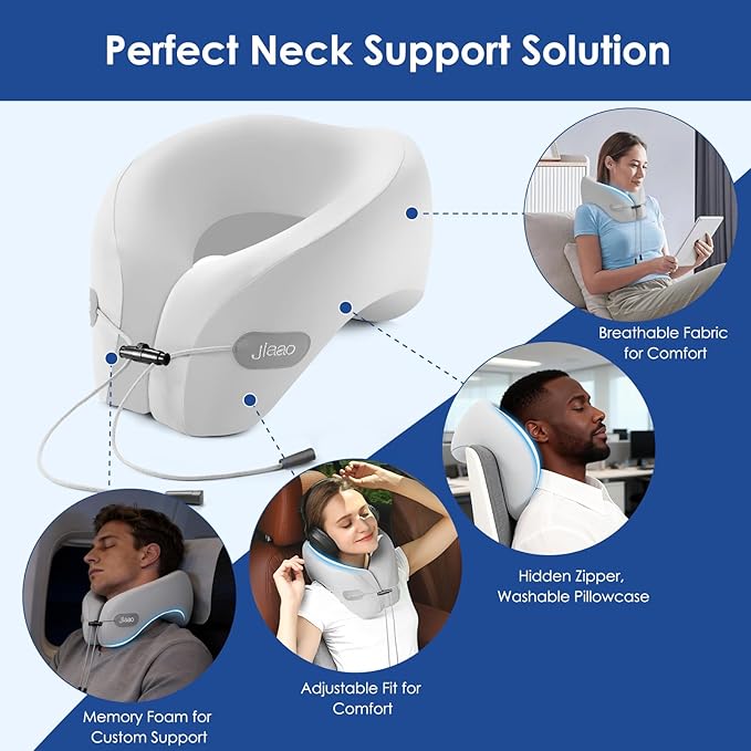 jiaao Travel Pillow Memory Foam Neck Support, Advanced Memory Foam Neck Pillow for Airplanes, Cars & Trains with Eye Mask, Earplugs & Storage Bag