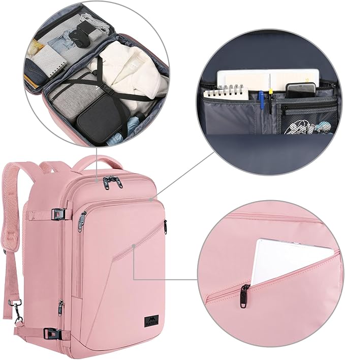MATEIN 45L Womens Travel Backpack, Extra Large Carryon Backpack Fits Overhead Bin, Cute Weekender Daypack for Travel on Airplane, Traveling Accessories for Women, Pink