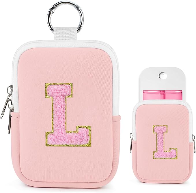 Shenier Alphabet Zippered Case with Keychain, Cute Design, Compatible with Touchland Power Mist Gentle/Glow Mist Hand Sanitizer Spray, Pink-L