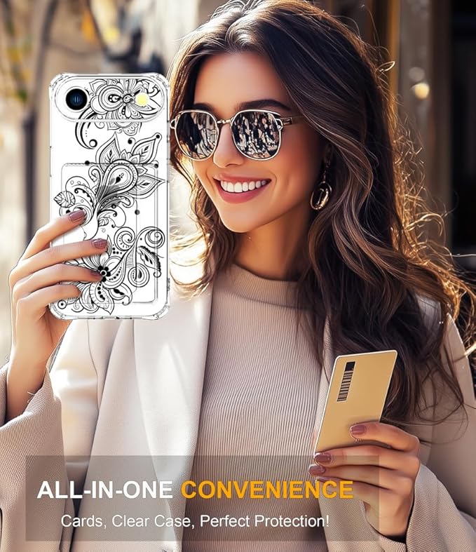 Compatible with iPhone 17 Air Case Card Holder for Women Cute Design,Wallet Phone Cases Transparent Cool Kawaii Protective (Clear Black Henna Flower)
