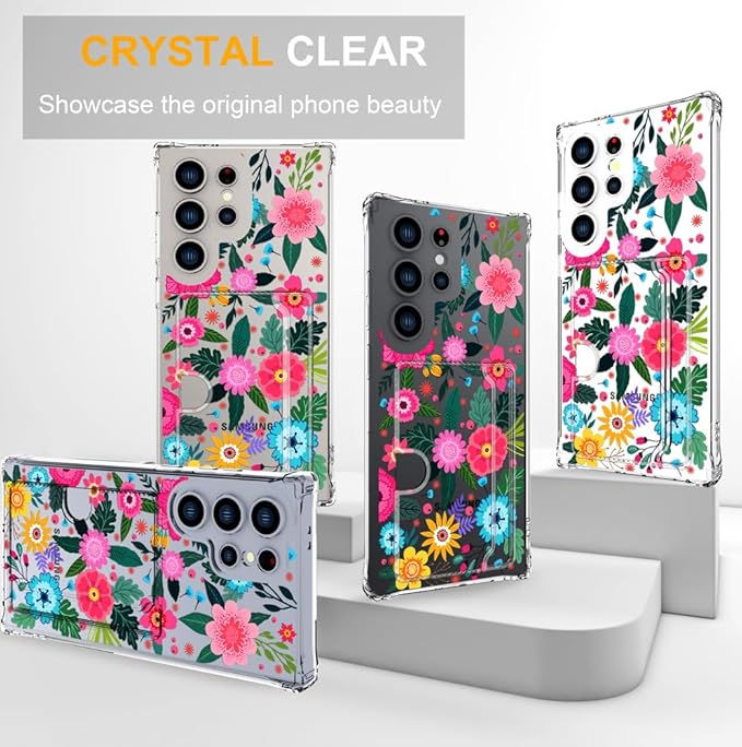 Compatible with Samsung Galaxy S24 Ultra Case Card Holder for Women Cute Design,Wallet Phone Cases Transparent Cool Kawaii Protective (Clear Floral Spring Blossom)